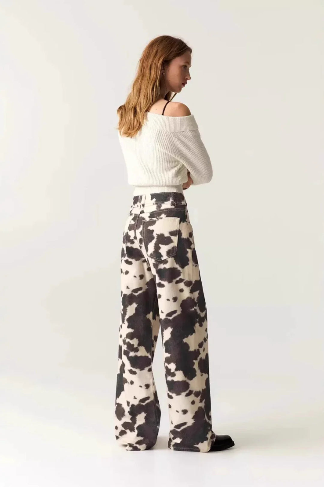 Damesrechte katoenen broek - vintage koeienprint met vervaagd effect