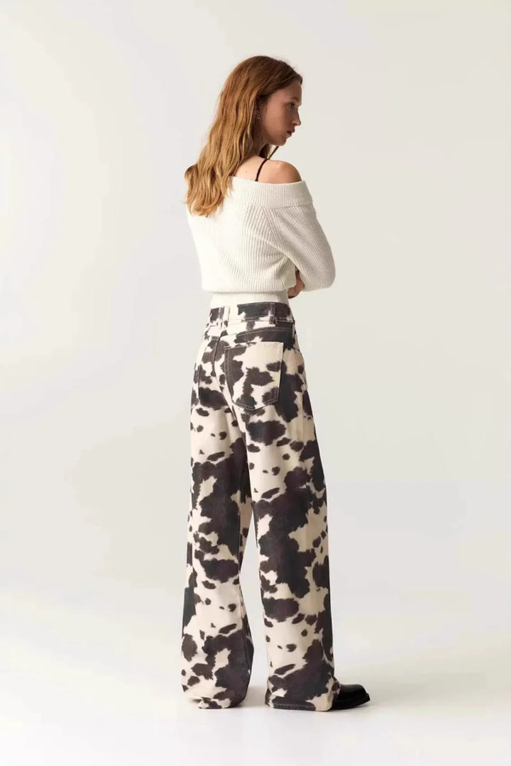 Damesrechte katoenen broek - vintage koeienprint met vervaagd effect