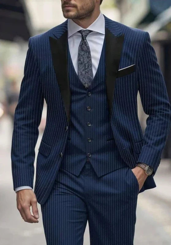Costume Trois Pièces Homme Coupe Slim à Rayures avec Col Contrastant et Gilet Assorti