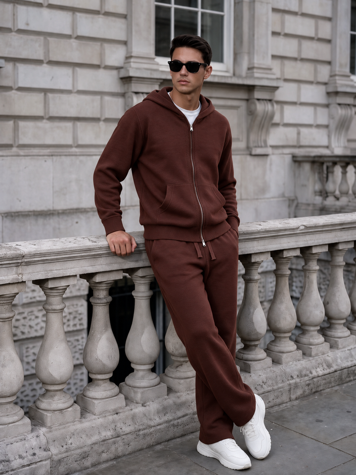Ensemble Maille Homme Capuche Tricotée Zip Intégral Et Pantalon Droit