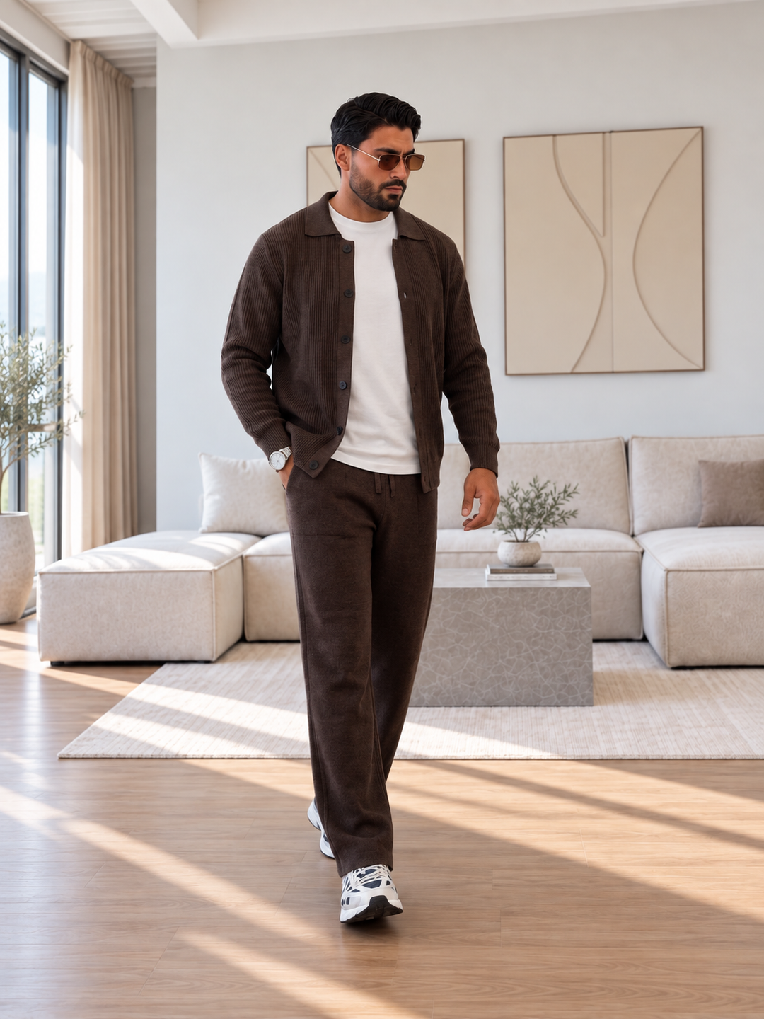 Ensemble Maille Homme Veste Boutonnée Col Côtelé Et Pantalon Droit