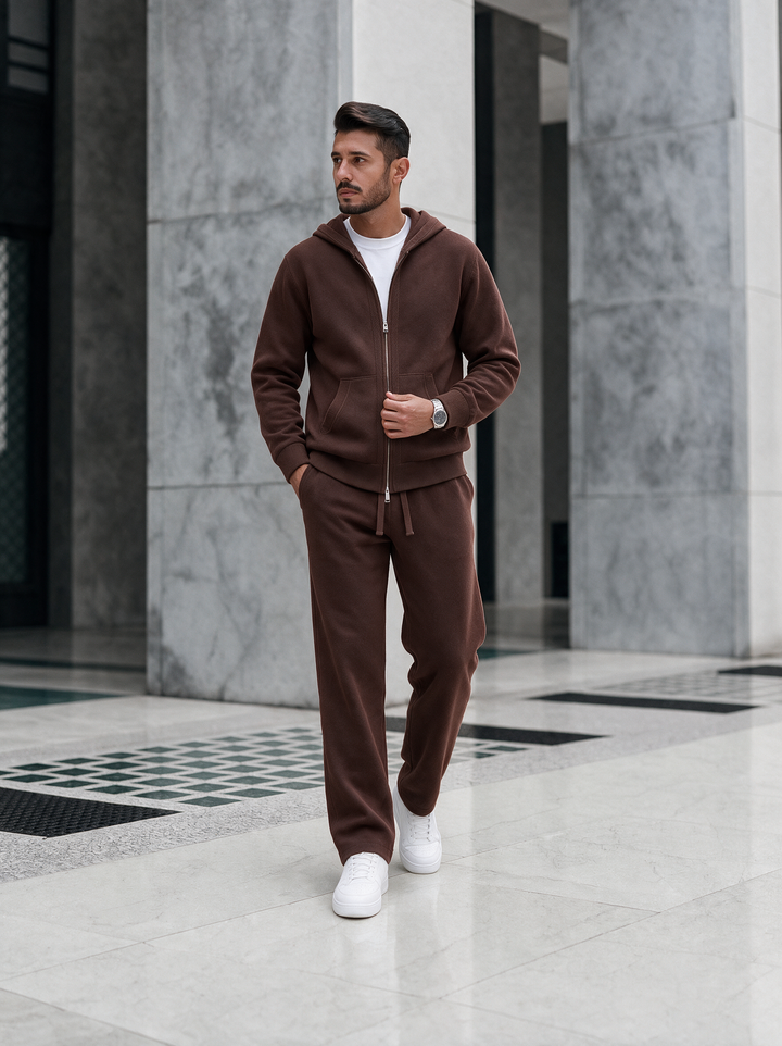 Ensemble Maille Homme Capuche Tricotée Zip Intégral Et Pantalon Droit