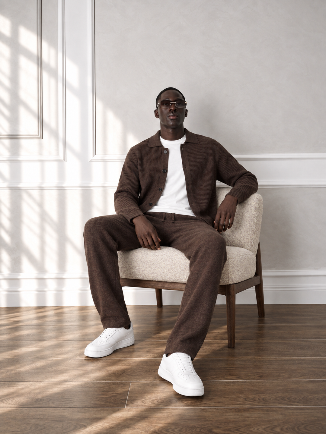 Ensemble Maille Homme Veste Boutonnée Col Côtelé Et Pantalon Droit