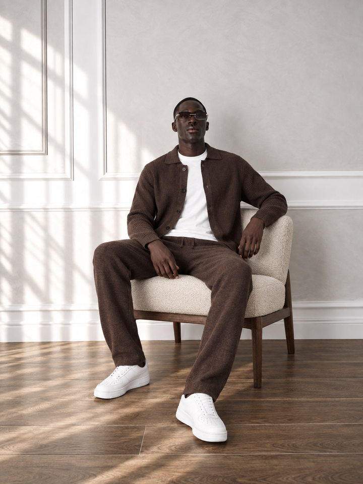 Ensemble Maille Homme Veste Boutonnée Col Côtelé Et Pantalon Droit