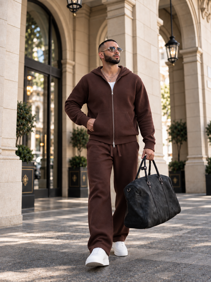 Ensemble Maille Homme Capuche Tricotée Zip Intégral Et Pantalon Droit