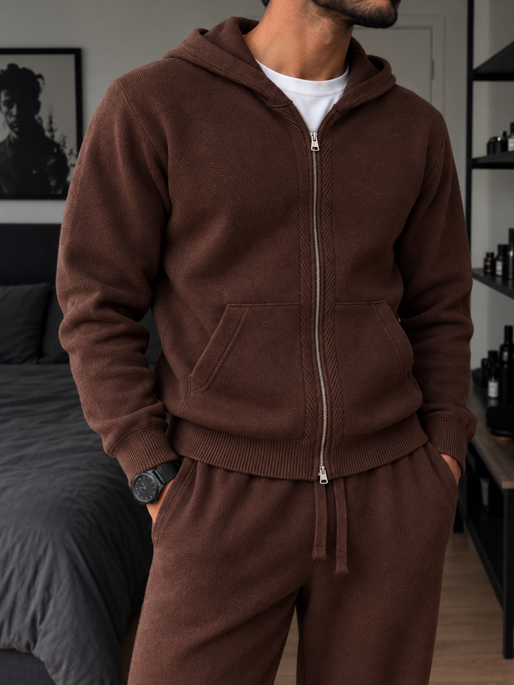 Ensemble Maille Homme Capuche Tricotée Zip Intégral Et Pantalon Droit