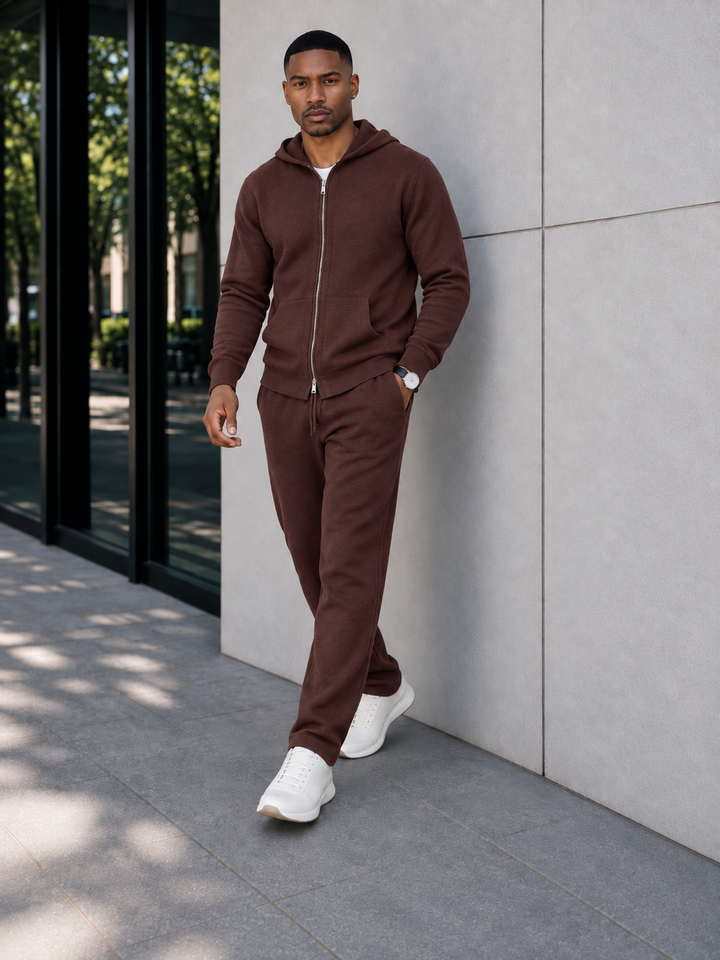 Ensemble Maille Homme Capuche Tricotée Zip Intégral Et Pantalon Droit