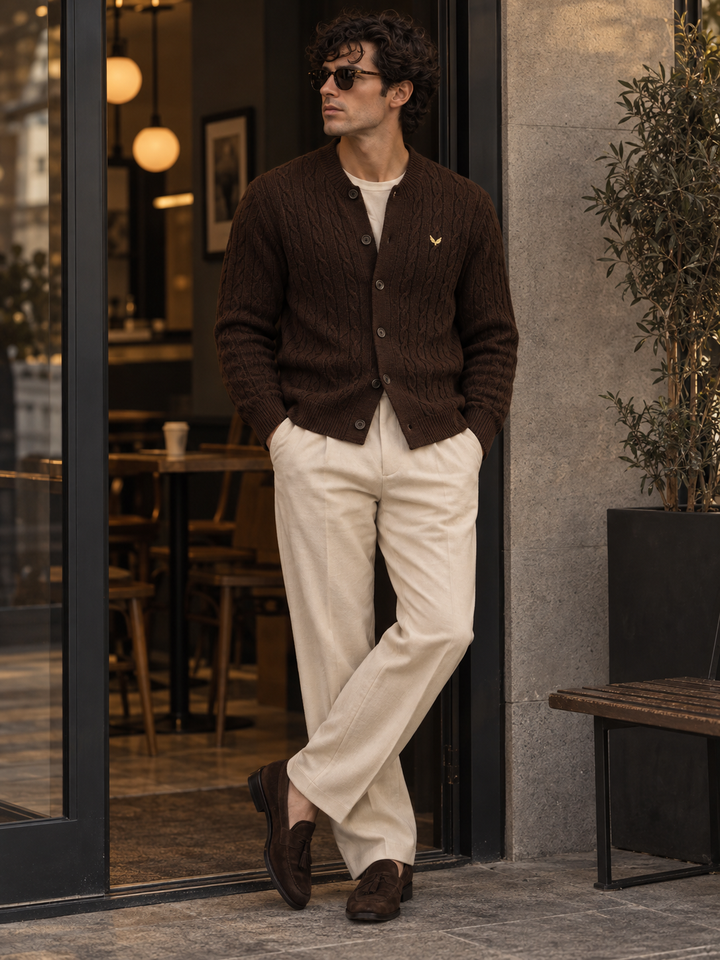 Cardigan da uomo abbottonato in maglia intrecciata