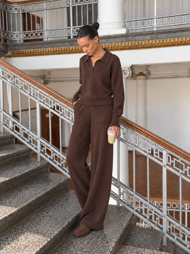 Ensemble En Maille Femme Col Polo Et Pantalon Assorti