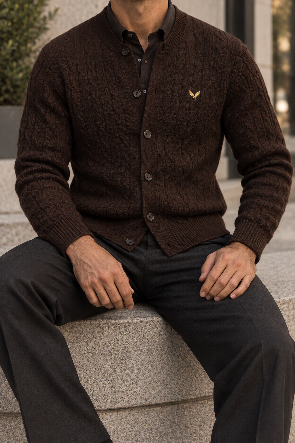Cardigan da uomo abbottonato in maglia intrecciata