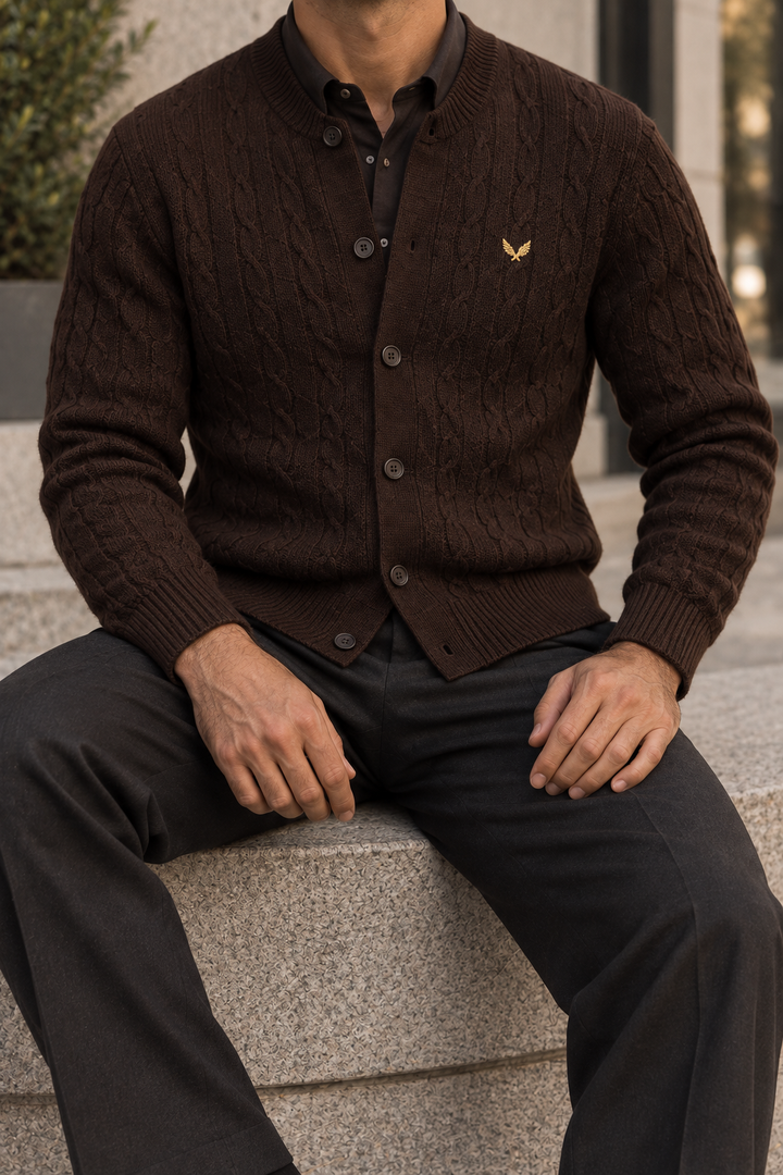 Cardigan da uomo abbottonato in maglia intrecciata