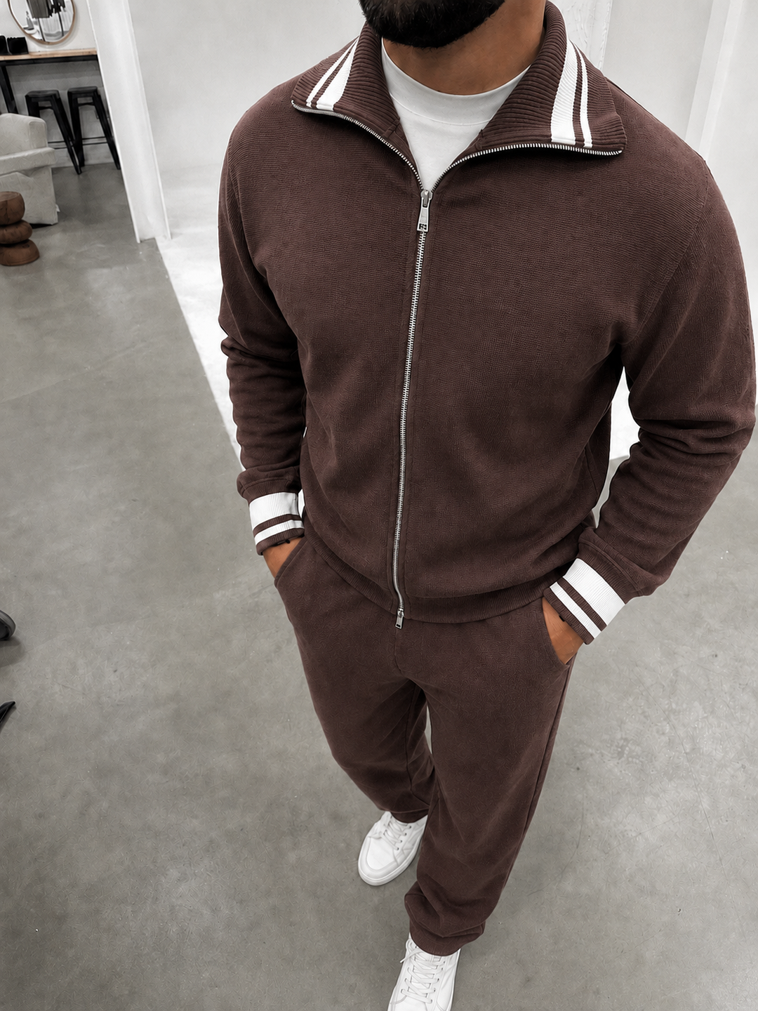 Ensemble En Maille Homme Zip Integral Col Contrasté Et Pantalon