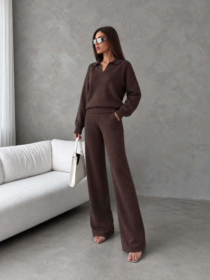 Ensemble En Maille Femme Col Polo Et Pantalon Assorti