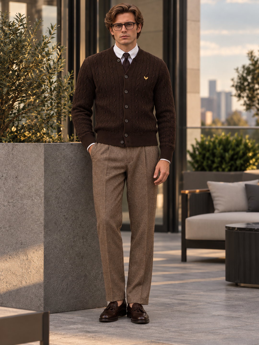 Cardigan da uomo abbottonato in maglia intrecciata