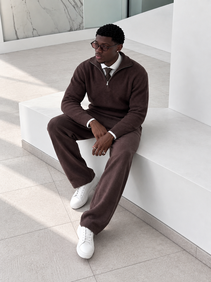 Ensemble En Maille Homme Demi Zip Col Montant Et Pantalon