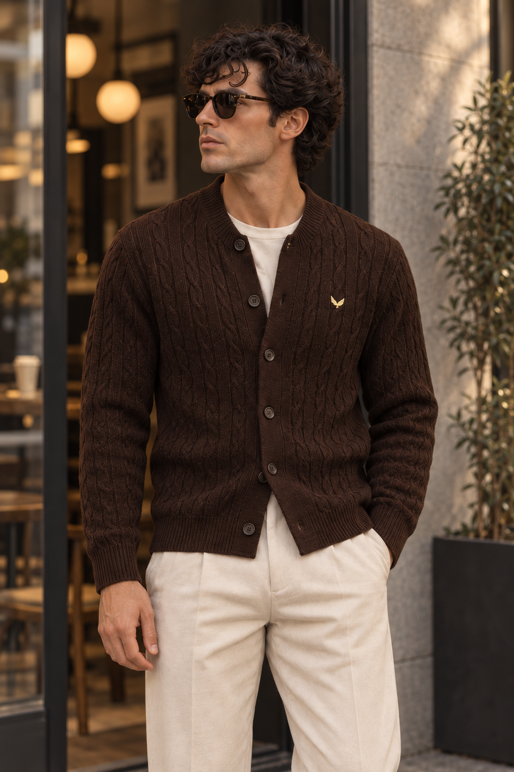 Cardigan da uomo abbottonato in maglia intrecciata