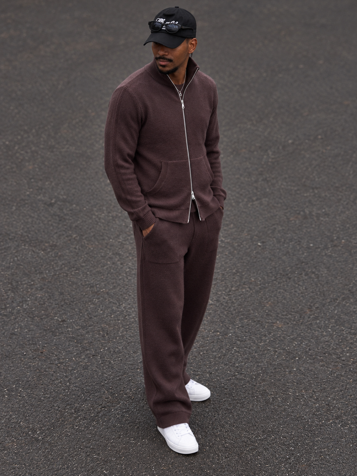 Ensemble En Maille Homme Col Montant Zippé Et Pantalon Droit