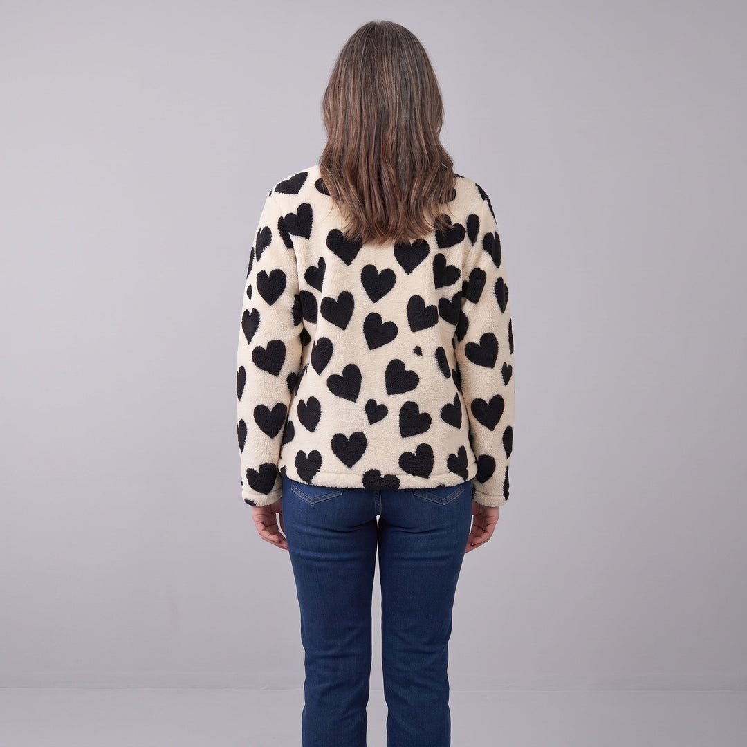 Women's Reversible Fleece Jacket with Heart Pattern, Stand Collar, and Full-Zip Closure