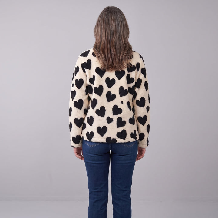 Women's Reversible Fleece Jacket with Heart Pattern, Stand Collar, and Full-Zip Closure