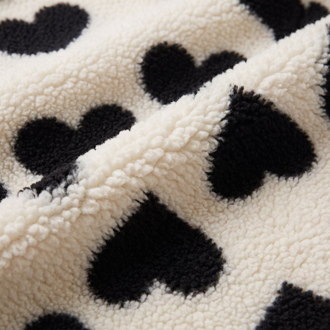 Women's Reversible Fleece Jacket with Heart Pattern, Stand Collar, and Full-Zip Closure