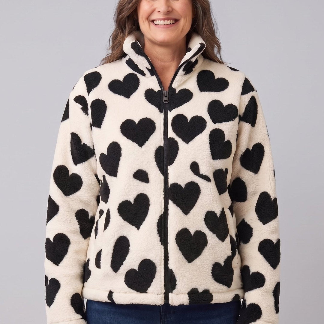 Women's Reversible Fleece Jacket with Heart Pattern, Stand Collar, and Full-Zip Closure