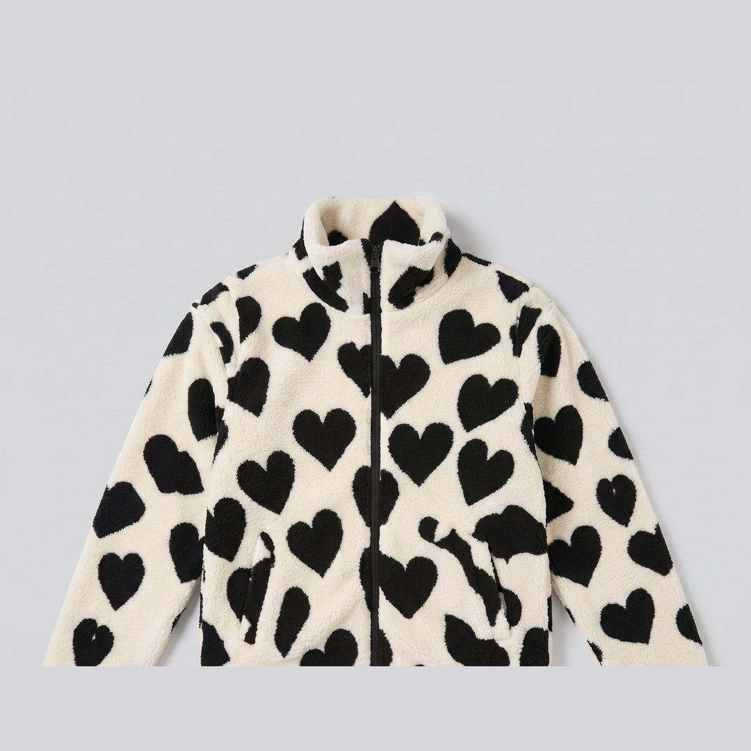 Women's Reversible Fleece Jacket with Heart Pattern, Stand Collar, and Full-Zip Closure