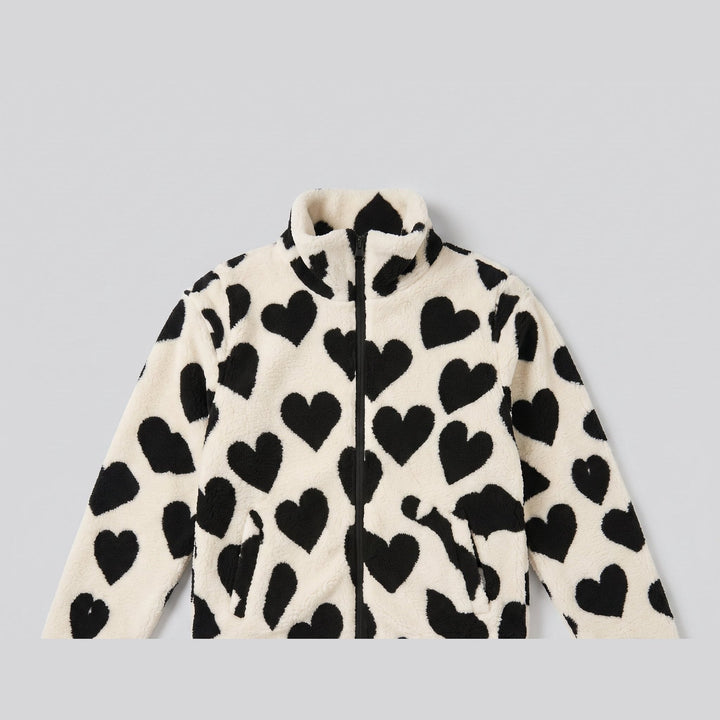 Women's Reversible Fleece Jacket with Heart Pattern, Stand Collar, and Full-Zip Closure