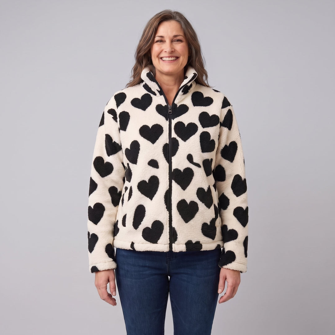 Women's Reversible Fleece Jacket with Heart Pattern, Stand Collar, and Full-Zip Closure