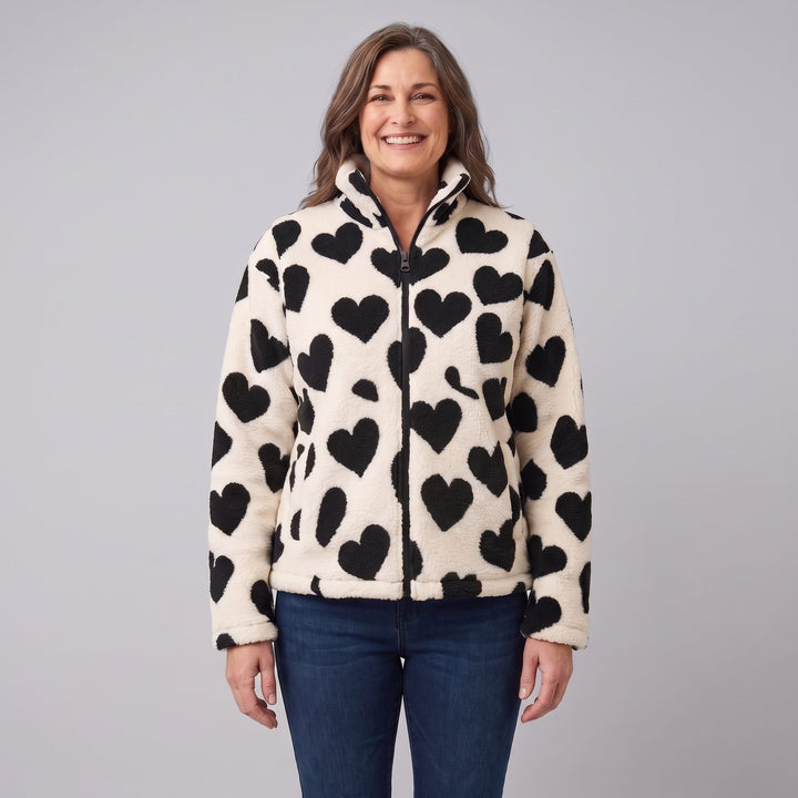 Women's Reversible Fleece Jacket with Heart Pattern, Stand Collar, and Full-Zip Closure