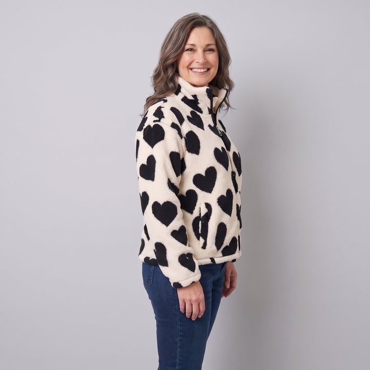 Women's Reversible Fleece Jacket with Heart Pattern, Stand Collar, and Full-Zip Closure