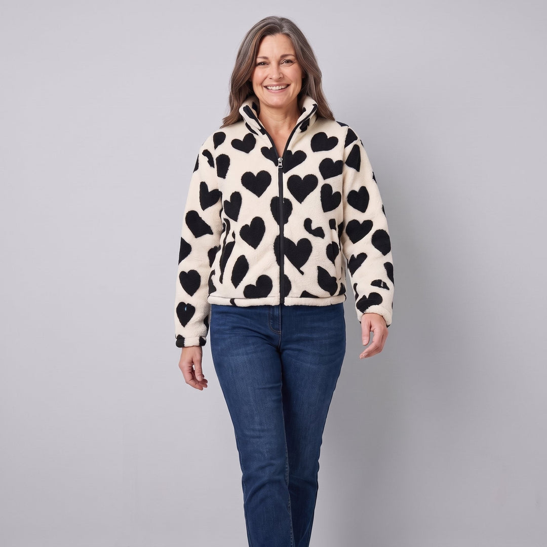 Women's Reversible Fleece Jacket with Heart Pattern, Stand Collar, and Full-Zip Closure
