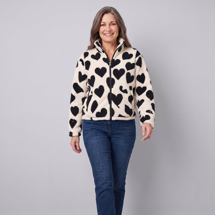 Women's Reversible Fleece Jacket with Heart Pattern, Stand Collar, and Full-Zip Closure