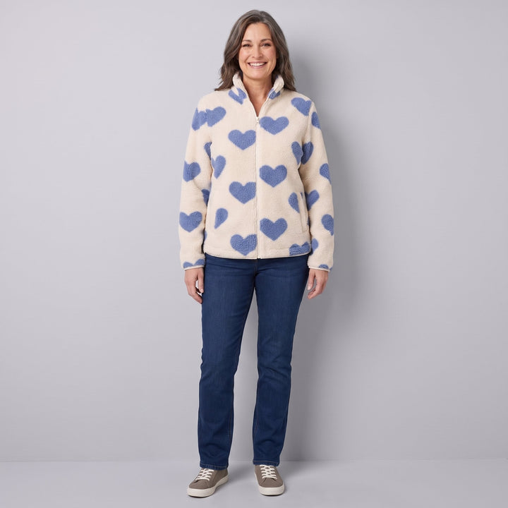 Women's Reversible Fleece Jacket with Heart Pattern, Stand Collar, and Full-Zip Closure