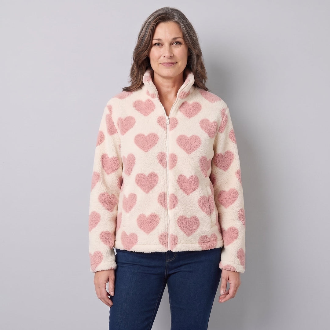 Women's Reversible Fleece Jacket with Heart Pattern, Stand Collar, and Full-Zip Closure