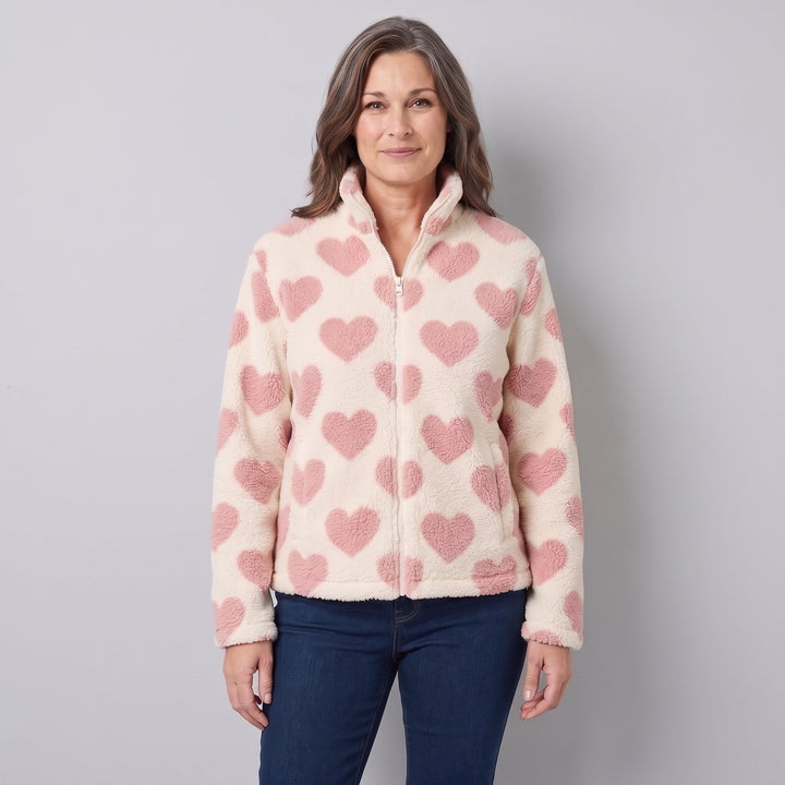 Women's Reversible Fleece Jacket with Heart Pattern, Stand Collar, and Full-Zip Closure