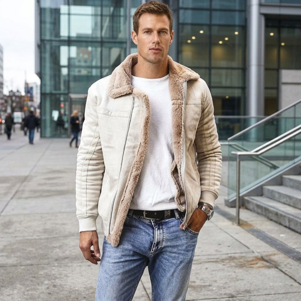 Men's Aviator Jacket Lined with Sherpa and Faux Fur Collar
