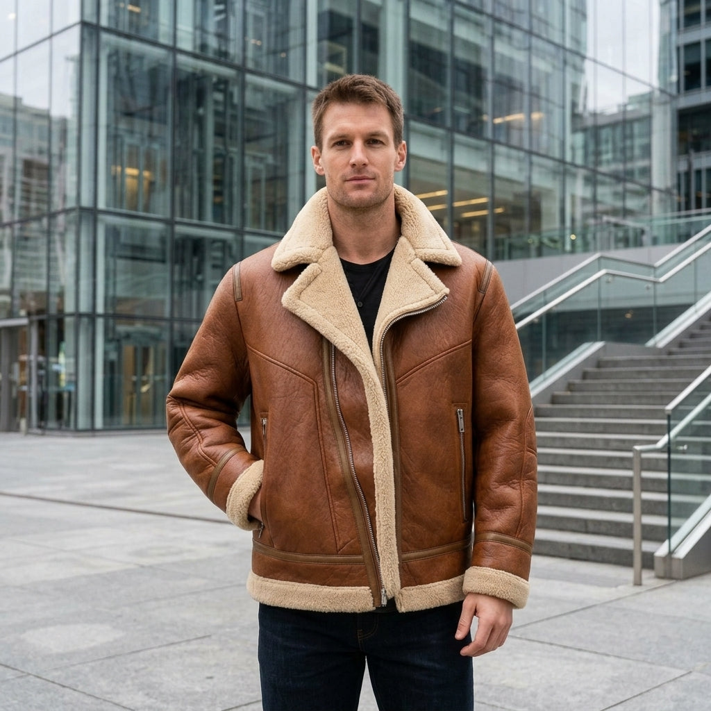 Blouson Aviateur Homme Mouton Retourné Col Fourrure