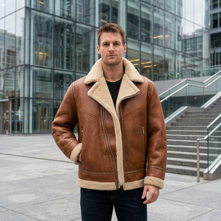 Blouson Aviateur Homme Mouton Retourné Col Fourrure