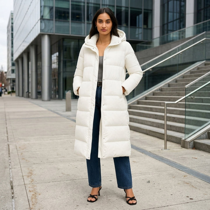 Cappotto lungo da donna in piumino con cappuccio