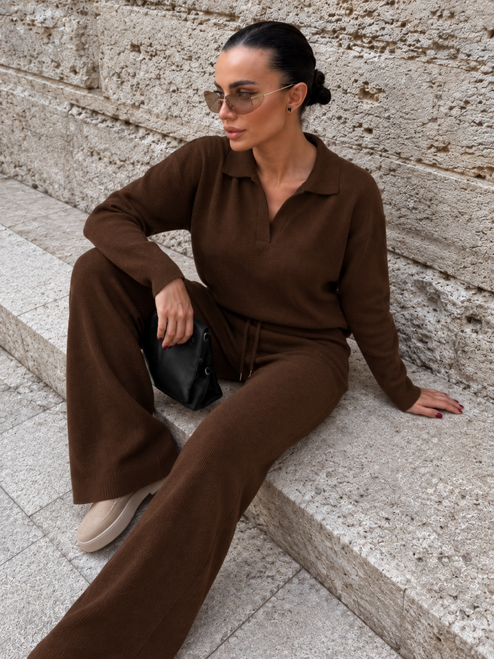 Ensemble En Maille Femme Col Polo Et Pantalon Assorti