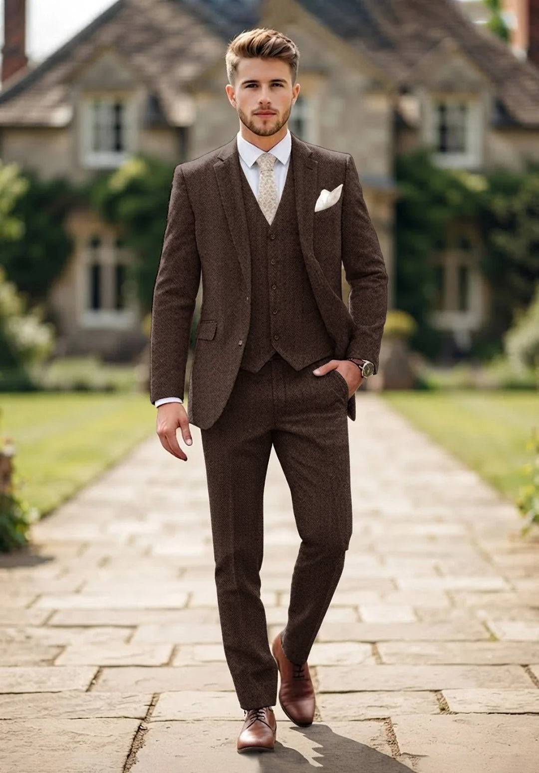 Costume Trois Pièces Homme Coupe Regular en Chevrons avec Col Notch et Poches à Rabat
