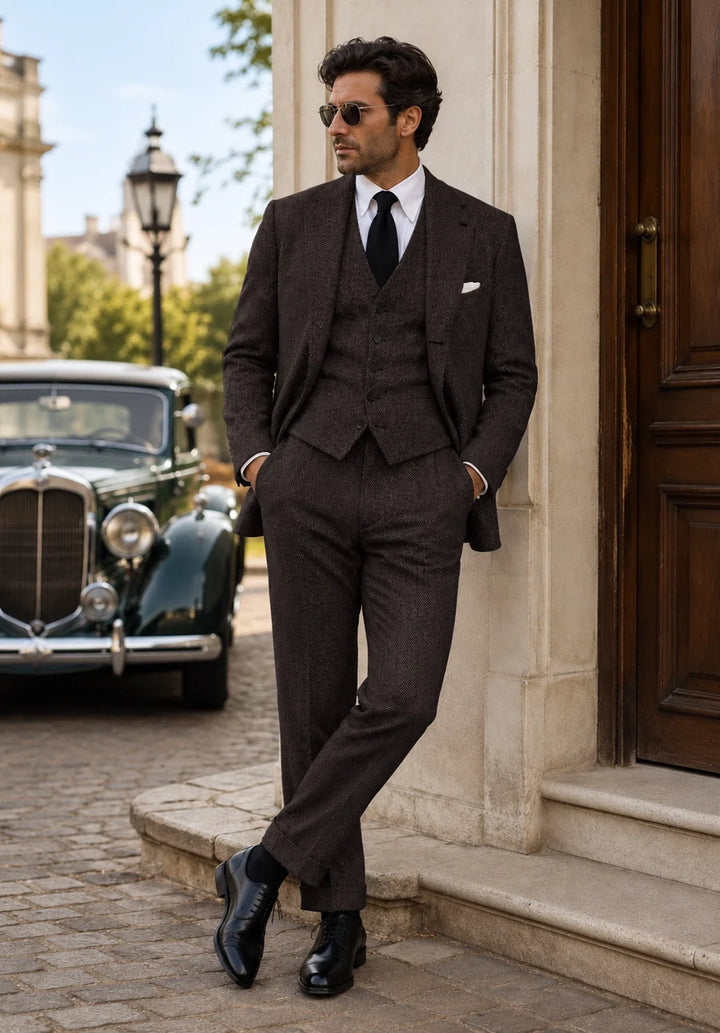 Costume Trois Pièces Homme Coupe Regular en Chevrons avec Gilet et Pantalon Assortis