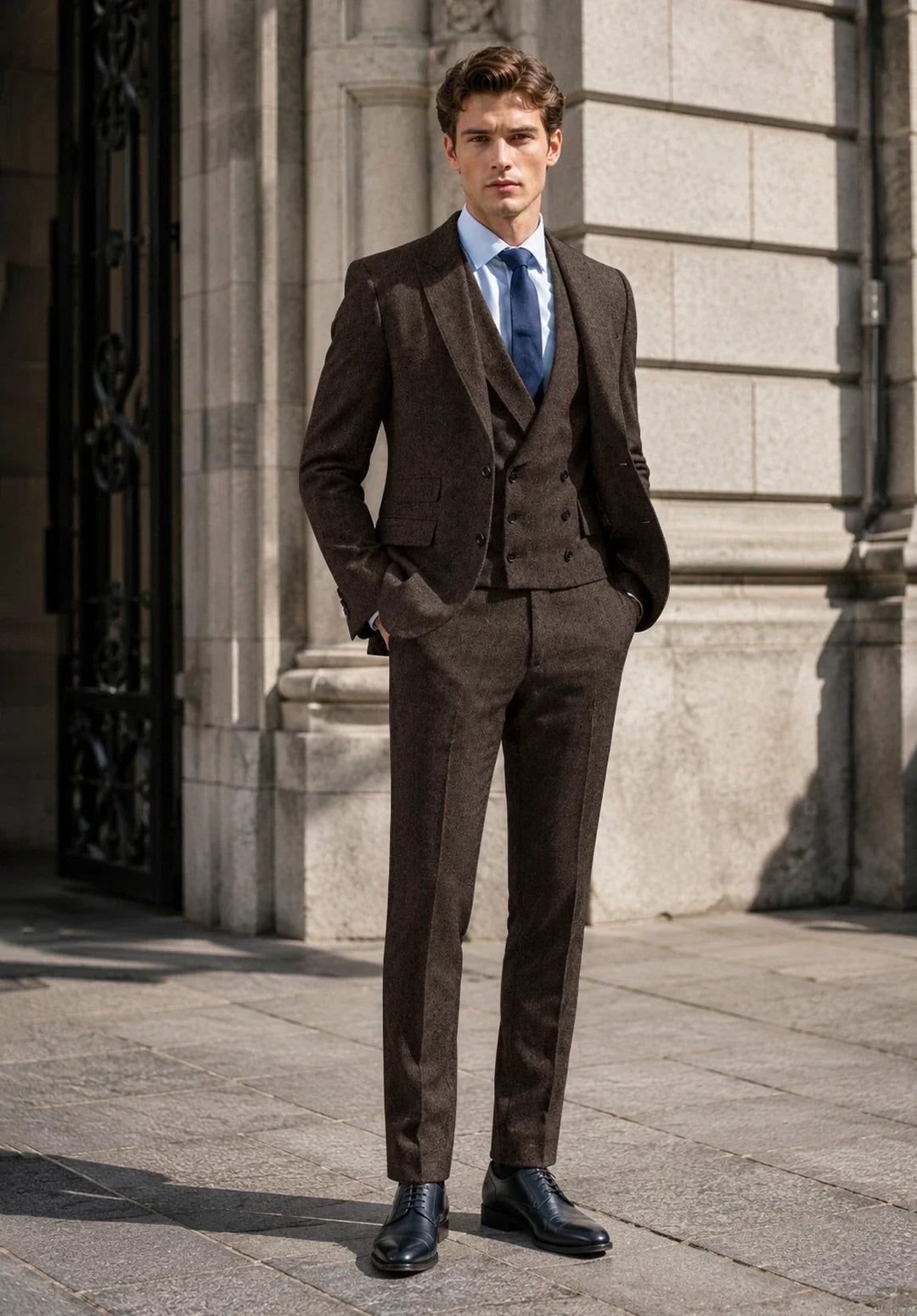 Abito da uomo a tre pezzi slim fit con motivo a spina di pesce, rever a lancia e gilet doppiopetto