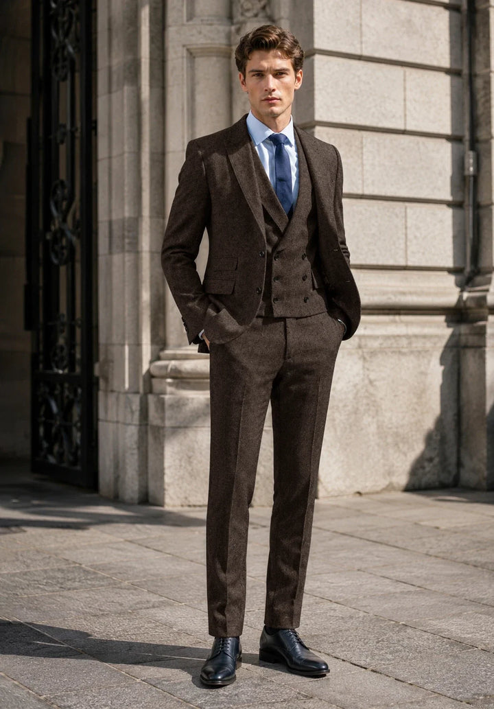 Abito da uomo a tre pezzi slim fit con motivo a spina di pesce, rever a lancia e gilet doppiopetto
