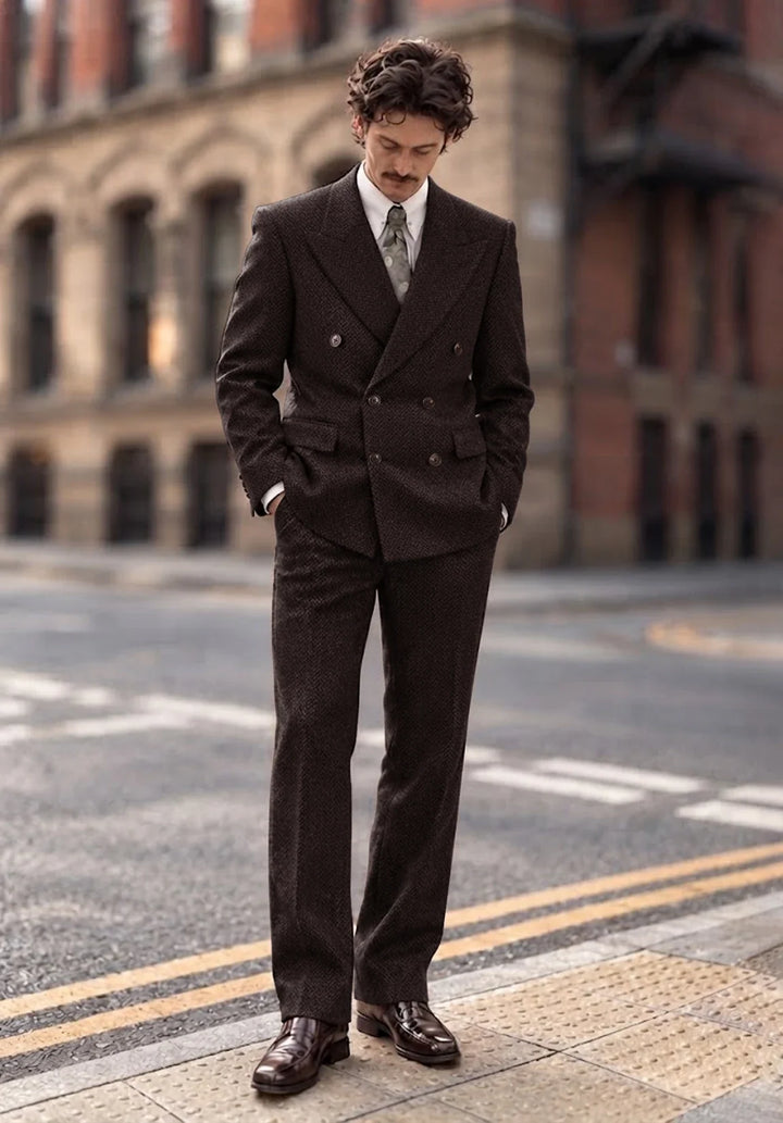 Costume Deux Pièces Homme Coupe Regular en Chevrons avec Veste Croisée et Col Peak