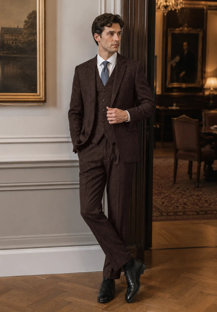 Costume Trois Pièces Homme Coupe Regular en Chevrons avec Col Notch Classique et Gilet Assorti