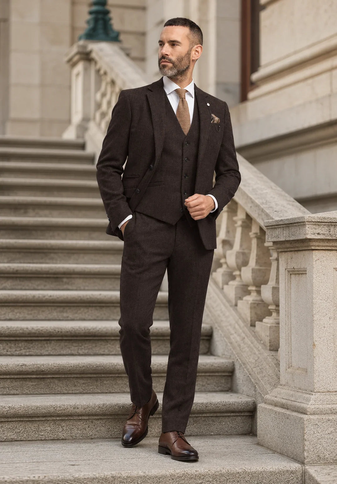 Costume Trois Pièces Homme Coupe Slim en Chevrons avec Gilet et Pantalon Assortis