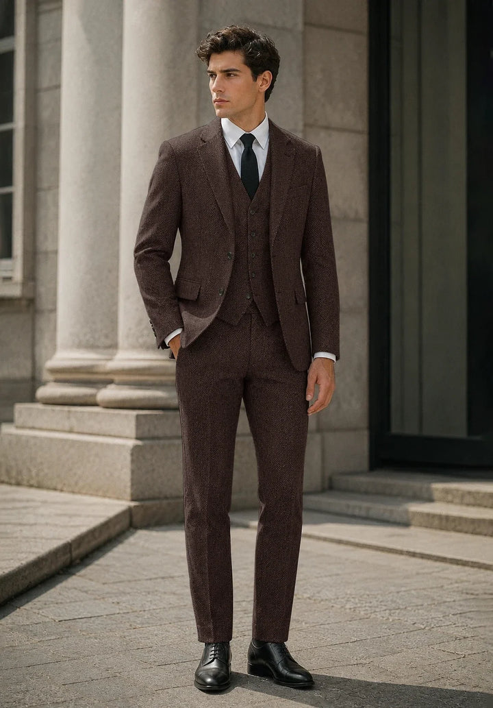 Costume Trois Pièces Homme Coupe Slim en Chevrons avec Col Notch et Gilet Cinq Boutons