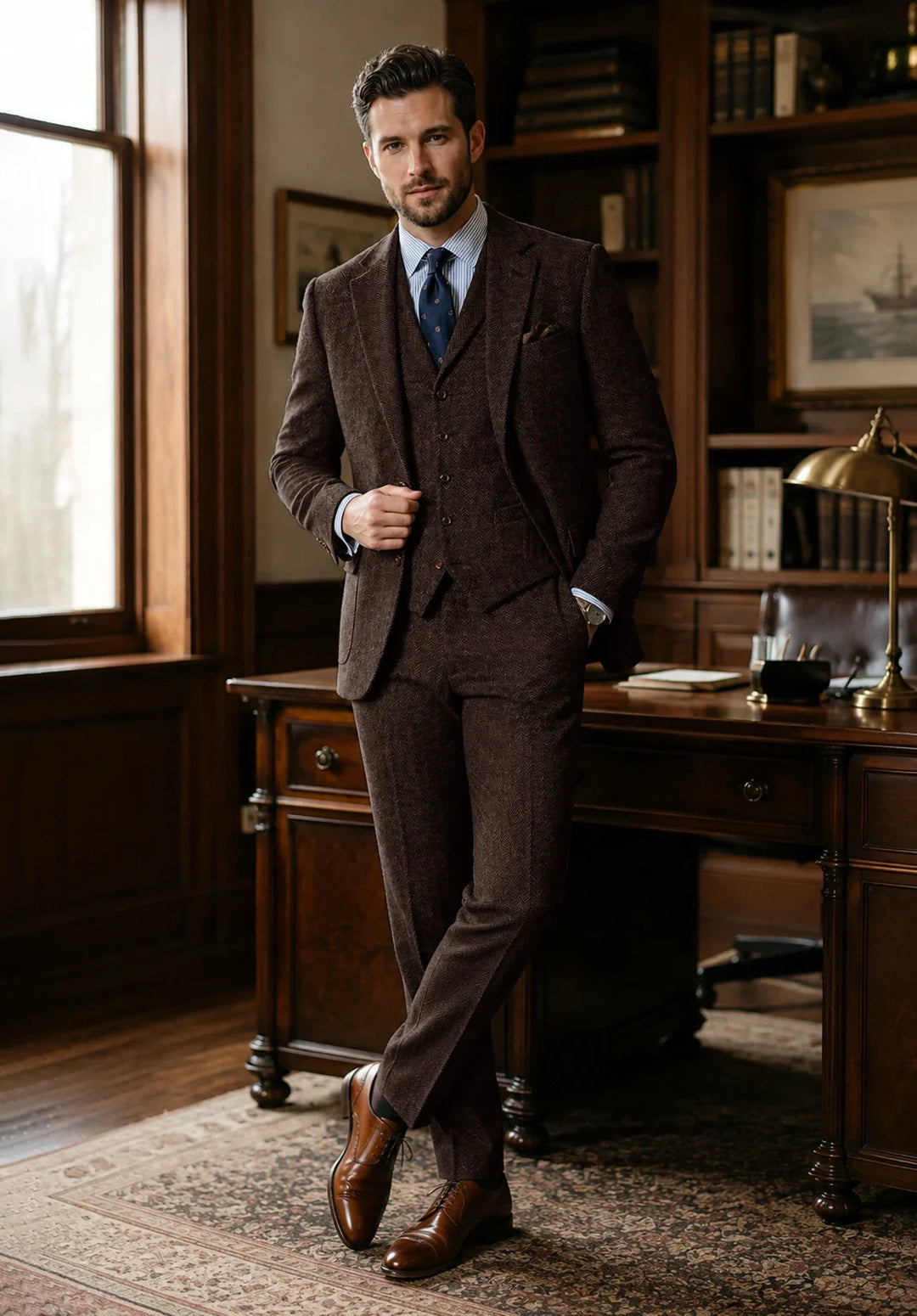 Costume Trois Pièces Homme Coupe Classique en Chevrons avec Gilet Boutonné