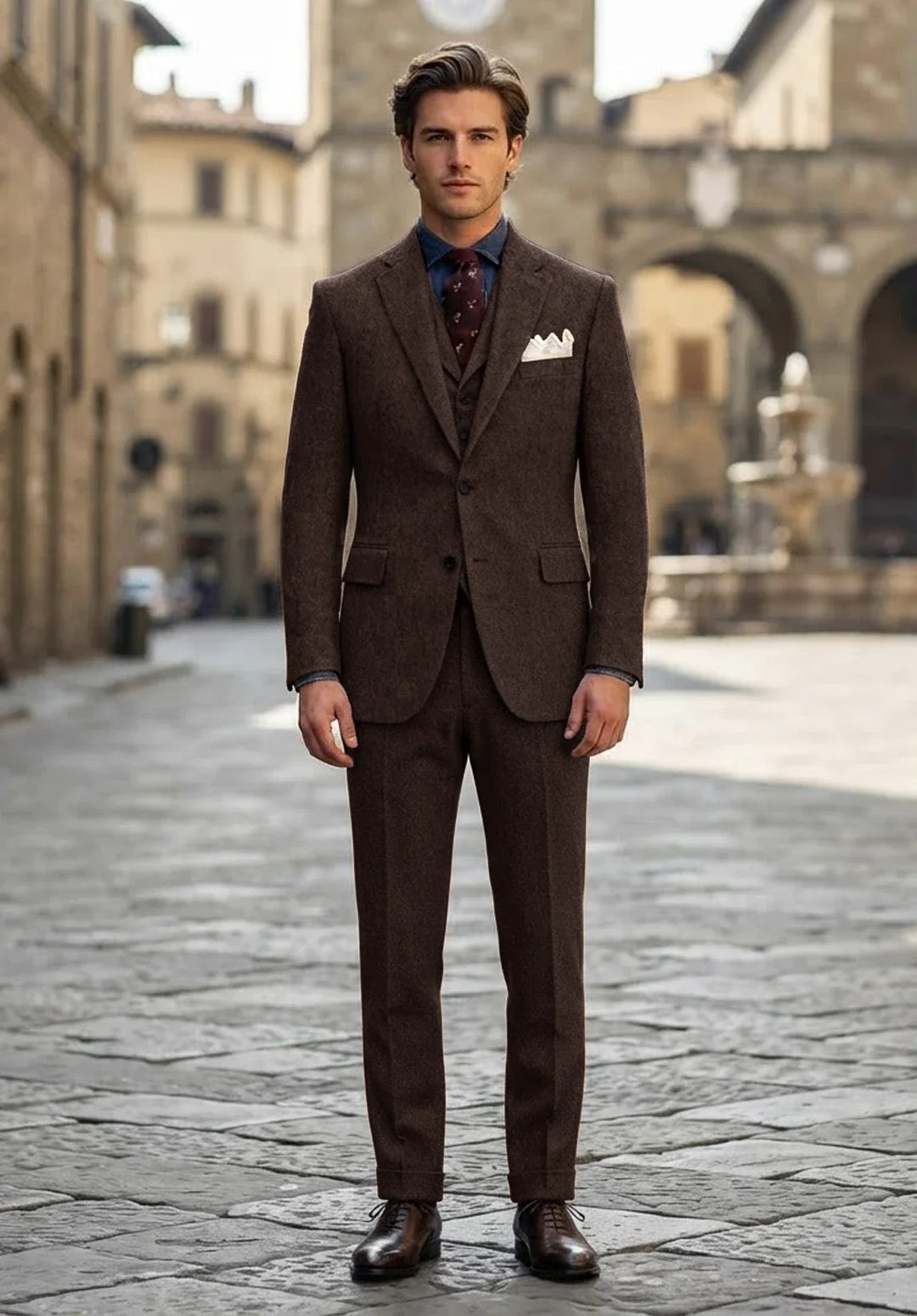 Costume Trois Pièces Homme Coupe Slim en Chevrons avec Col Notch et Poche Poitrine